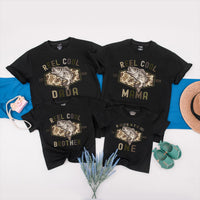 Reeling In The Big One Matching Family Shirts Reel Cool Camo Fishing Outfit Personalized 1st Birthday Toddler Baby Gift Cotton Tees