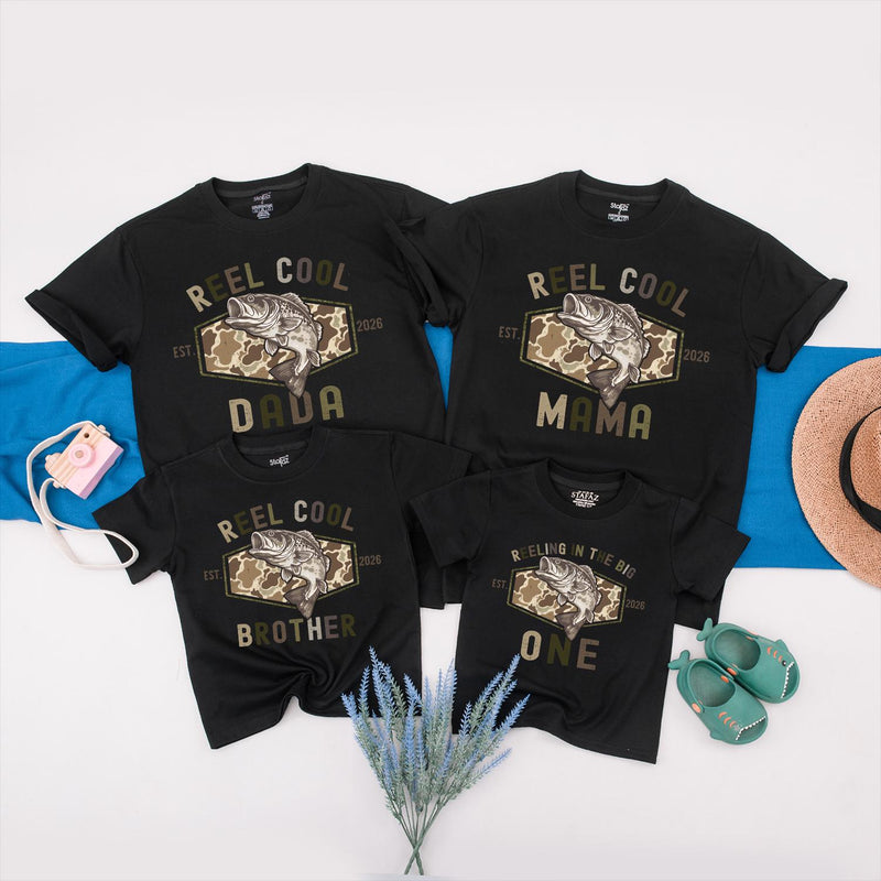 Reeling In The Big One Matching Family Shirts Reel Cool Camo Fishing Outfit Personalized 1st Birthday Toddler Baby Gift Cotton Tees