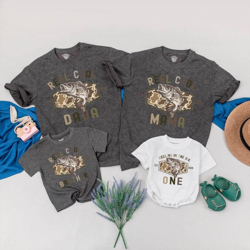 Reeling In The Big One Matching Family Shirts Reel Cool Camo Fishing Outfit Personalized 1st Birthday Toddler Baby Gift Cotton Tees