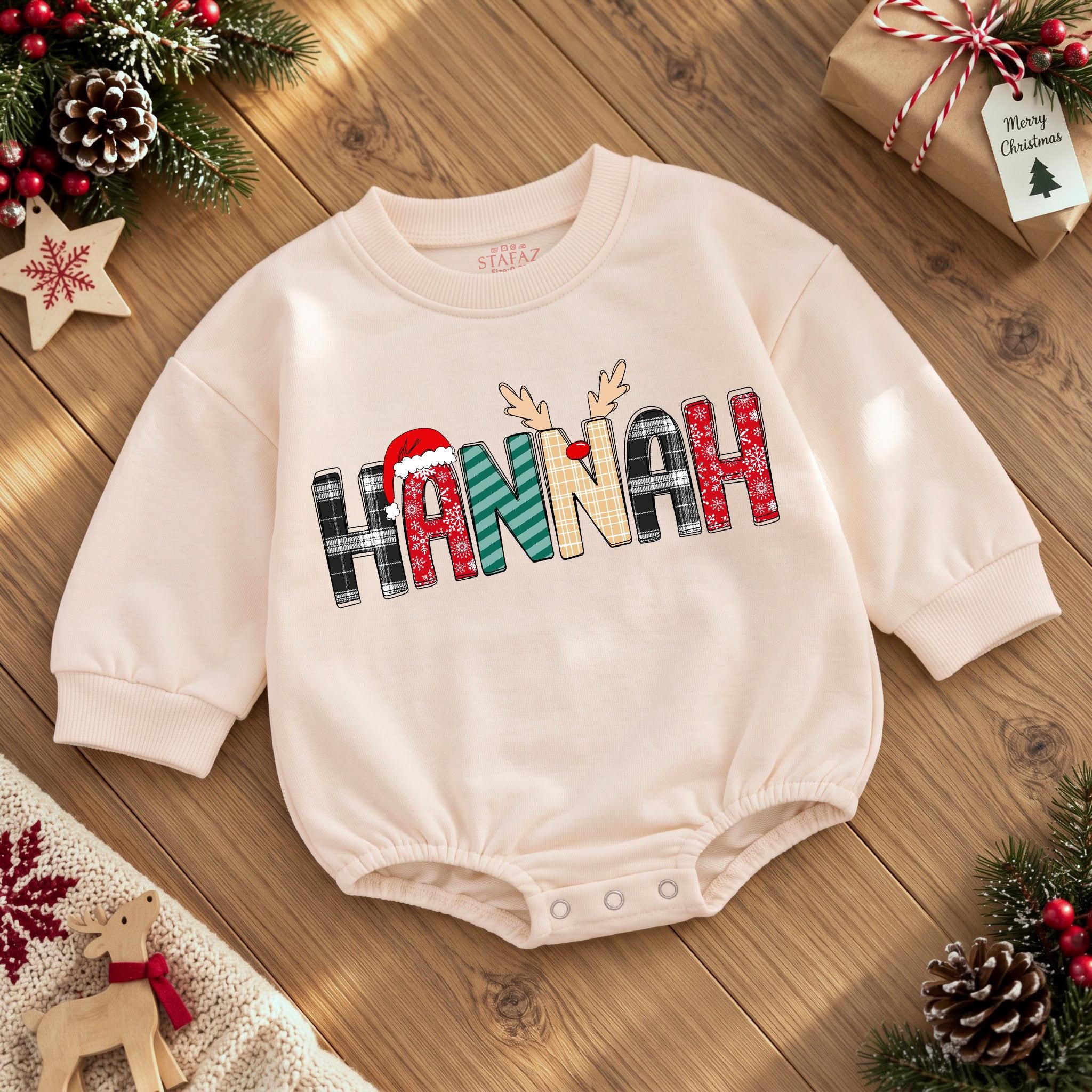 Reindeer Antler Baby Romper with Christmas Name Design, Holiday Newborn Outfit for Boys and Girls, Custom Baby Shower Gift