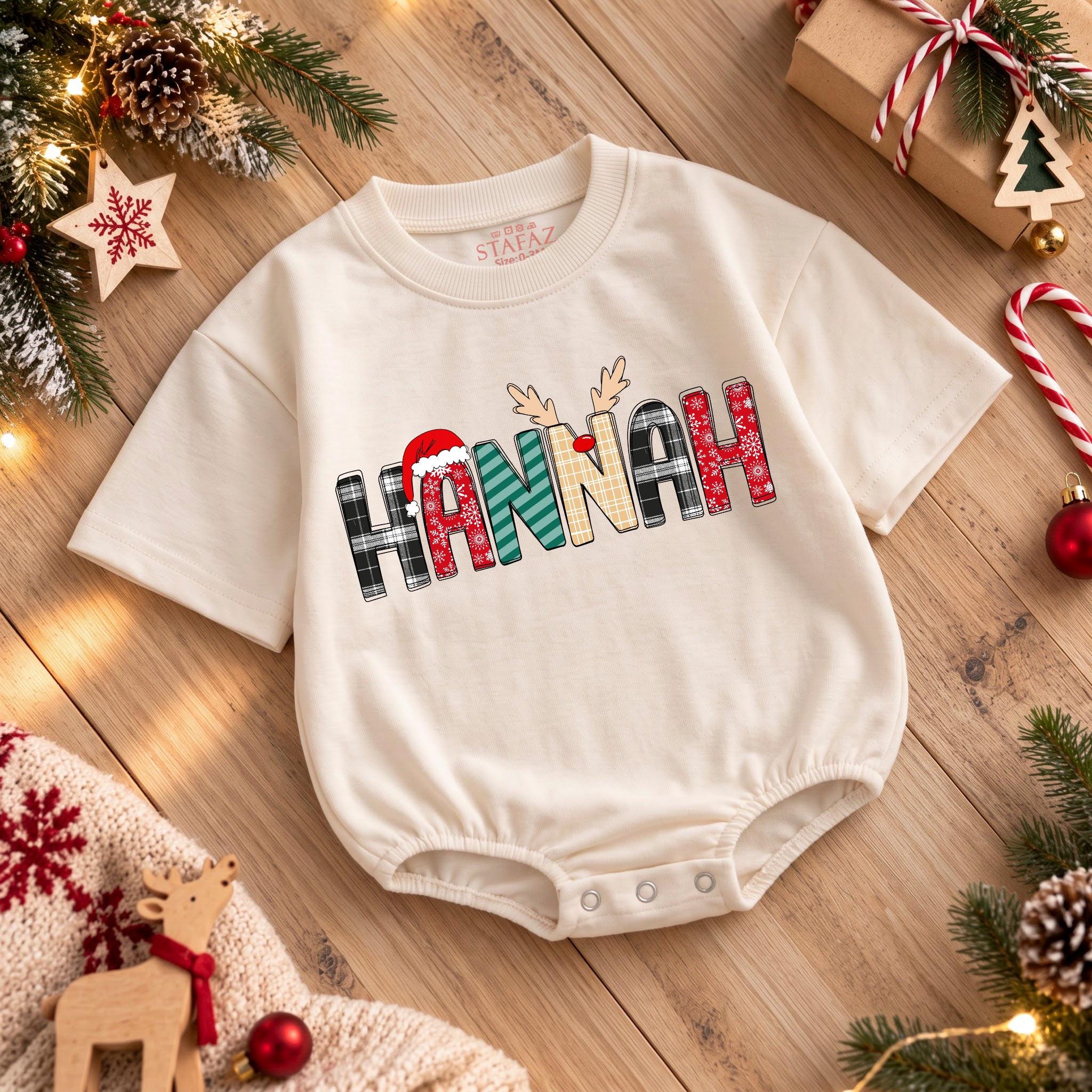 Reindeer Antler Baby Romper with Christmas Name Design, Holiday Newborn Outfit for Boys and Girls, Custom Baby Shower Gift
