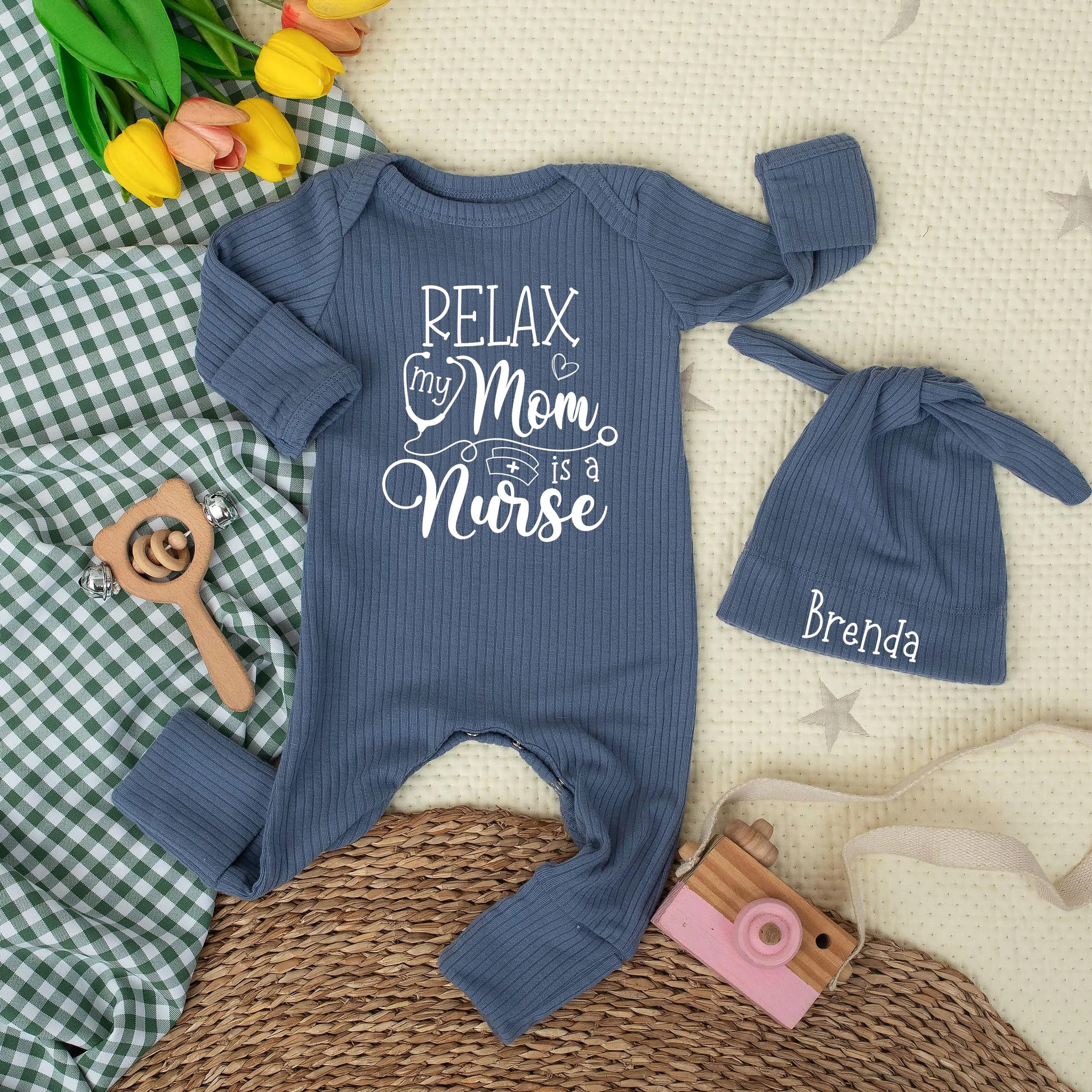 Relax My Mom Is a Nurse Baby Bodysuit with Matching Custom Name Hat, Funny Newborn Outfit for Nurse Moms, Baby Shower Gift