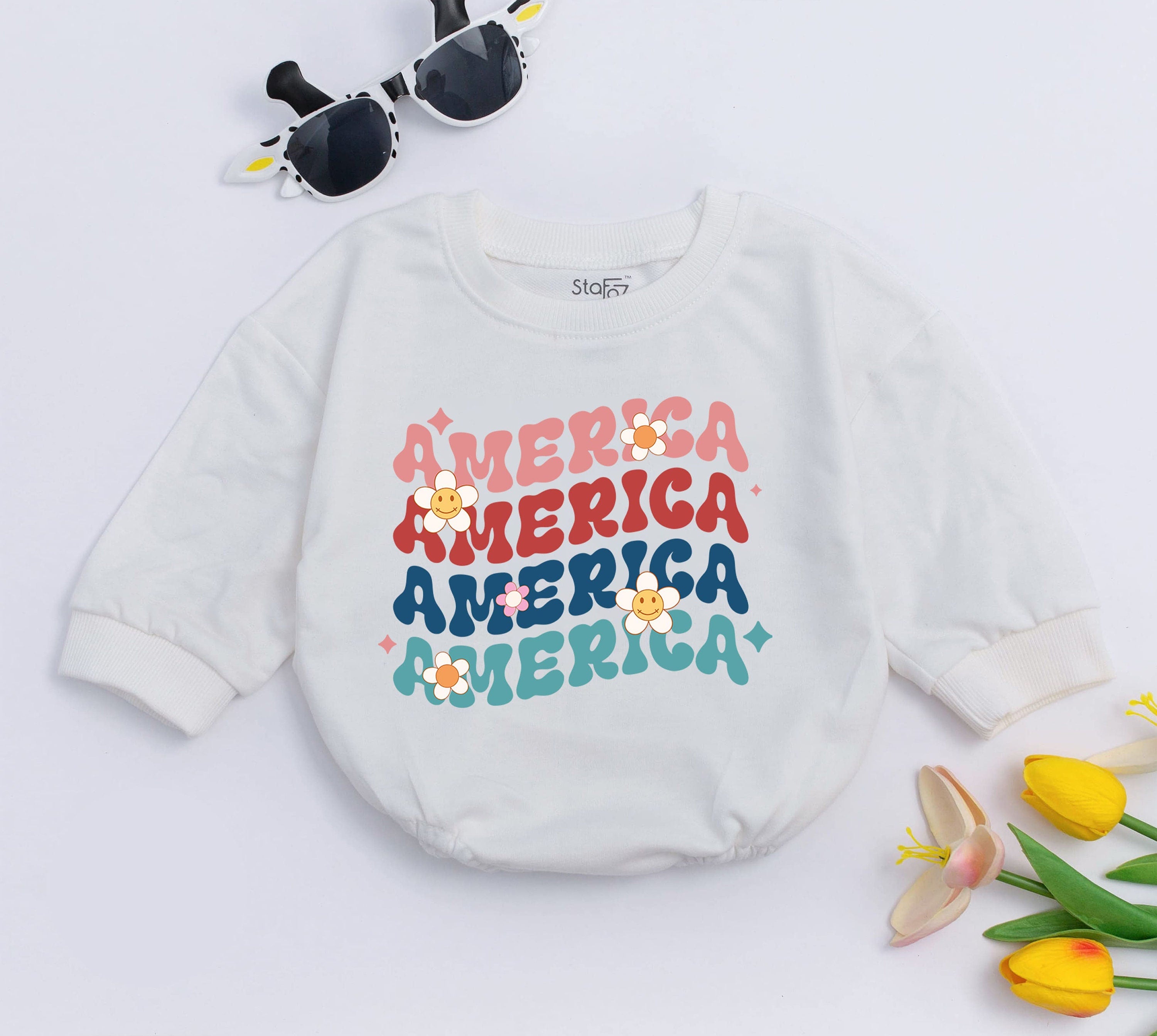 Retro America Baby Romper with Vintage Smiling Flowers and Stars Patriotic Infant Bodysuit for First 4th of July Celebration Outfit
