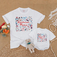 Retro American Mama and Mini Matching Shirts with Patriotic Bow Design for July 4th, Family Independence Day Outfits, Mommy and Me Gift