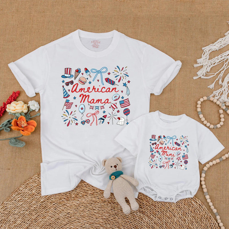 Retro American Mama and Mini Matching Shirts with Patriotic Bow Design for July 4th, Family Independence Day Outfits, Mommy and Me Gift