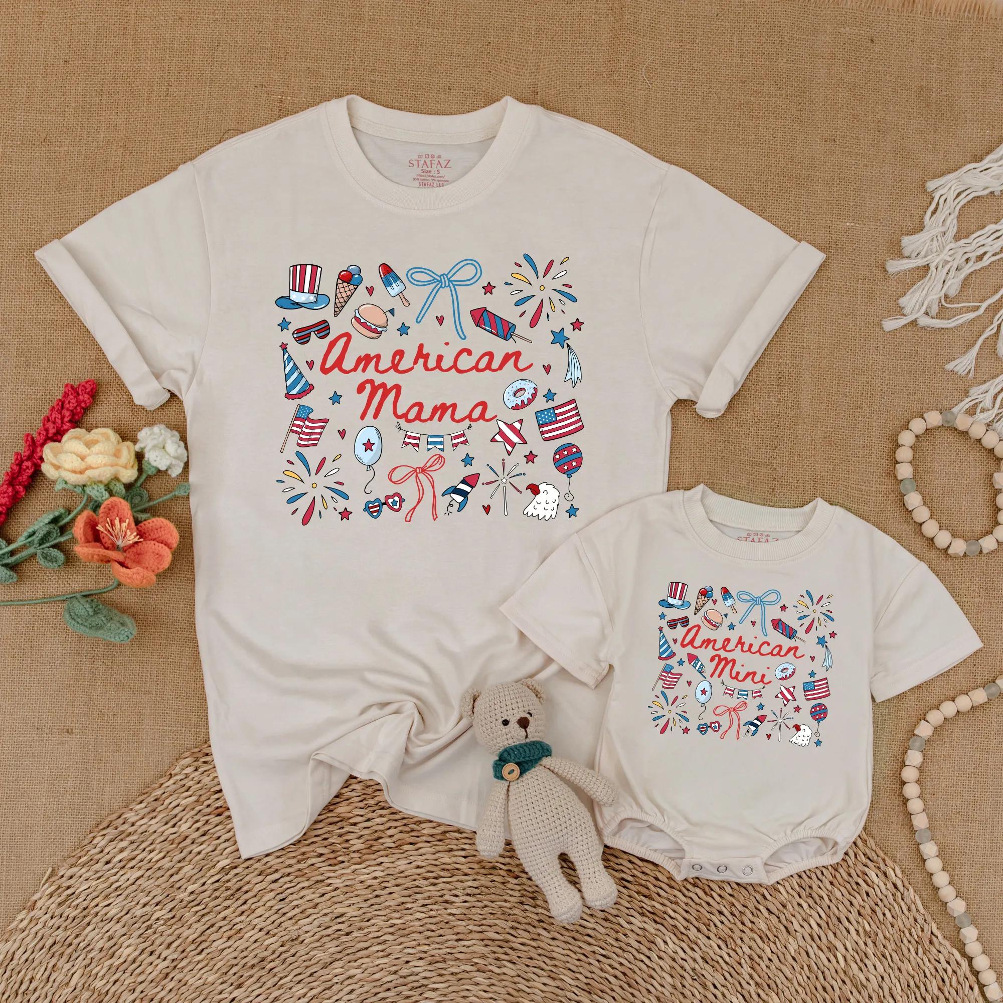 Retro American Mama and Mini Matching Shirts with Patriotic Bow Design for July 4th, Family Independence Day Outfits, Mommy and Me Gift