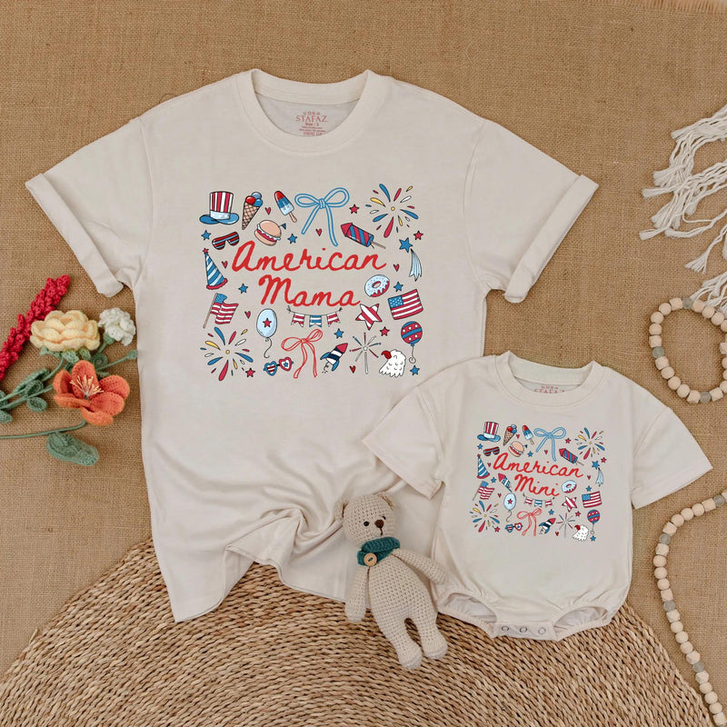 Retro American Mama and Mini Matching Shirts with Patriotic Bow Design for July 4th, Family Independence Day Outfits, Mommy and Me Gift