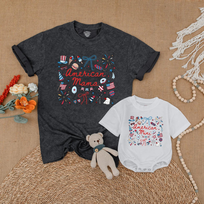 Retro American Mama and Mini Matching Shirts with Patriotic Bow Design for July 4th, Family Independence Day Outfits, Mommy and Me Gift
