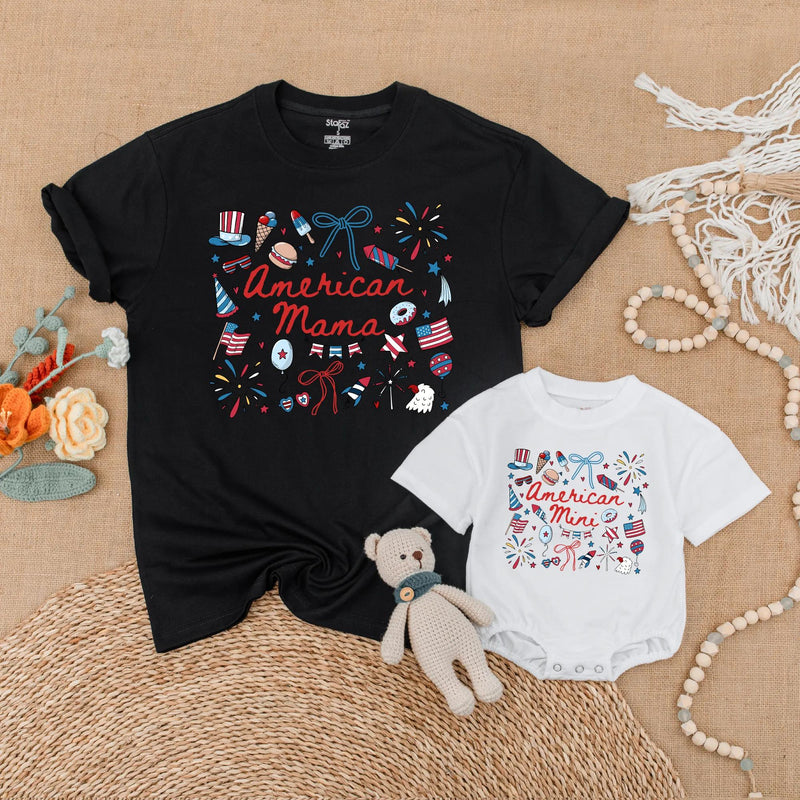 Retro American Mama and Mini Matching Shirts with Patriotic Bow Design for July 4th, Family Independence Day Outfits, Mommy and Me Gift