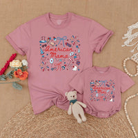 Retro American Mama and Mini Matching Shirts with Patriotic Bow Design for July 4th, Family Independence Day Outfits, Mommy and Me Gift