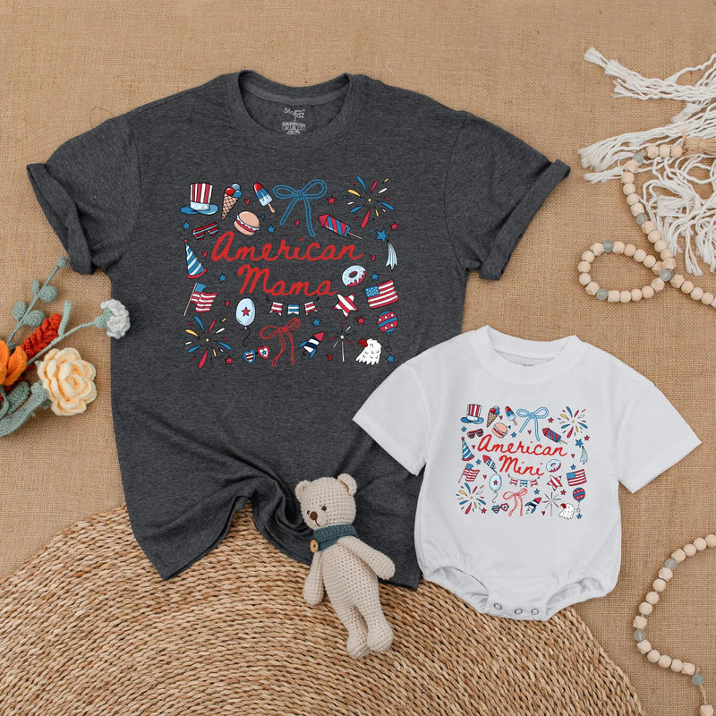 Retro American Mama and Mini Matching Shirts with Patriotic Bow Design for July 4th, Family Independence Day Outfits, Mommy and Me Gift