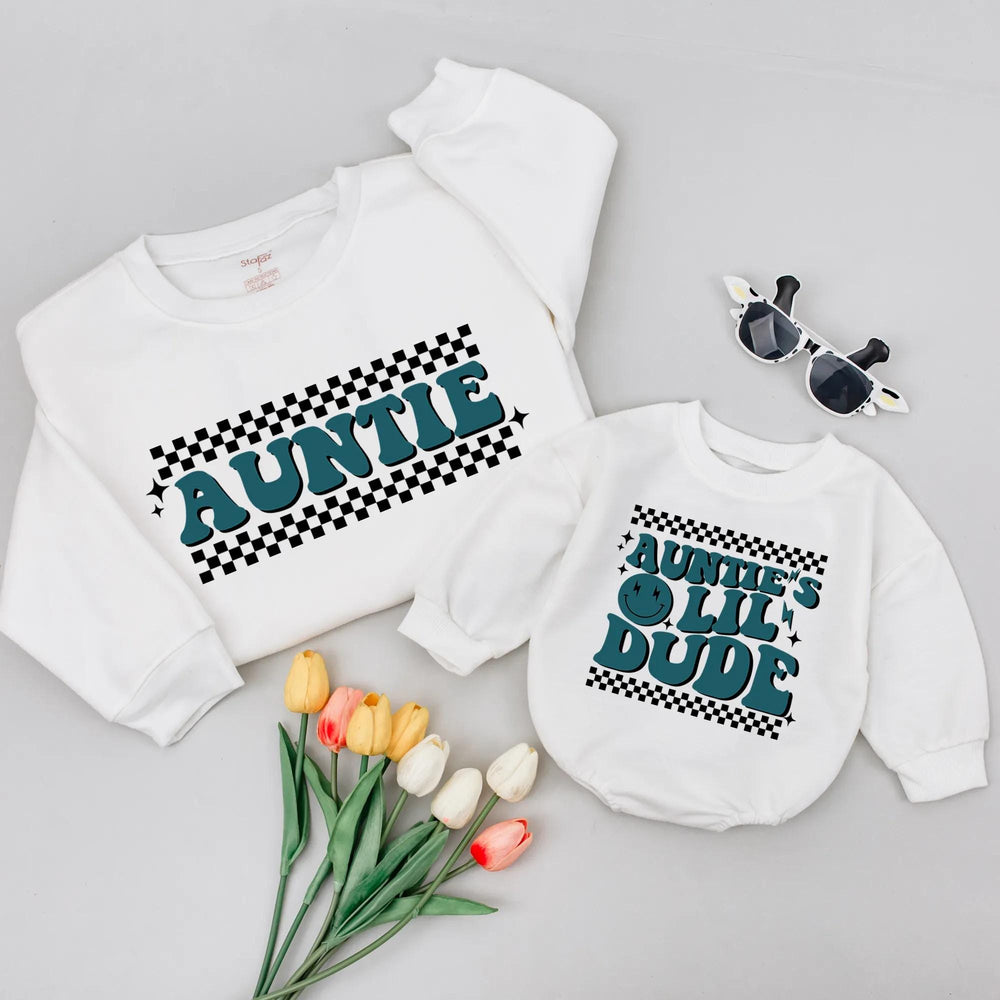 Retro Auntie and Little Dude Baby Sweatshirt with 70s Teal Checkerboard Design, Infant Romper Birthday Gift for Nephew Family Matching Outfit