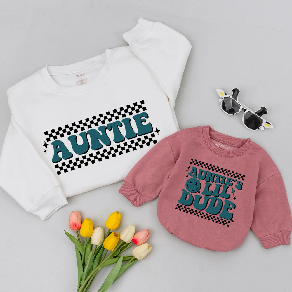 Retro Auntie and Little Dude Baby Sweatshirt with 70s Teal Checkerboard Design, Infant Romper Birthday Gift for Nephew Family Matching Outfit