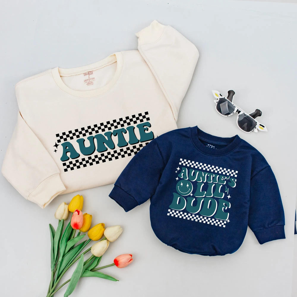 Retro Auntie and Little Dude Baby Sweatshirt with 70s Teal Checkerboard Design, Infant Romper Birthday Gift for Nephew Family Matching Outfit