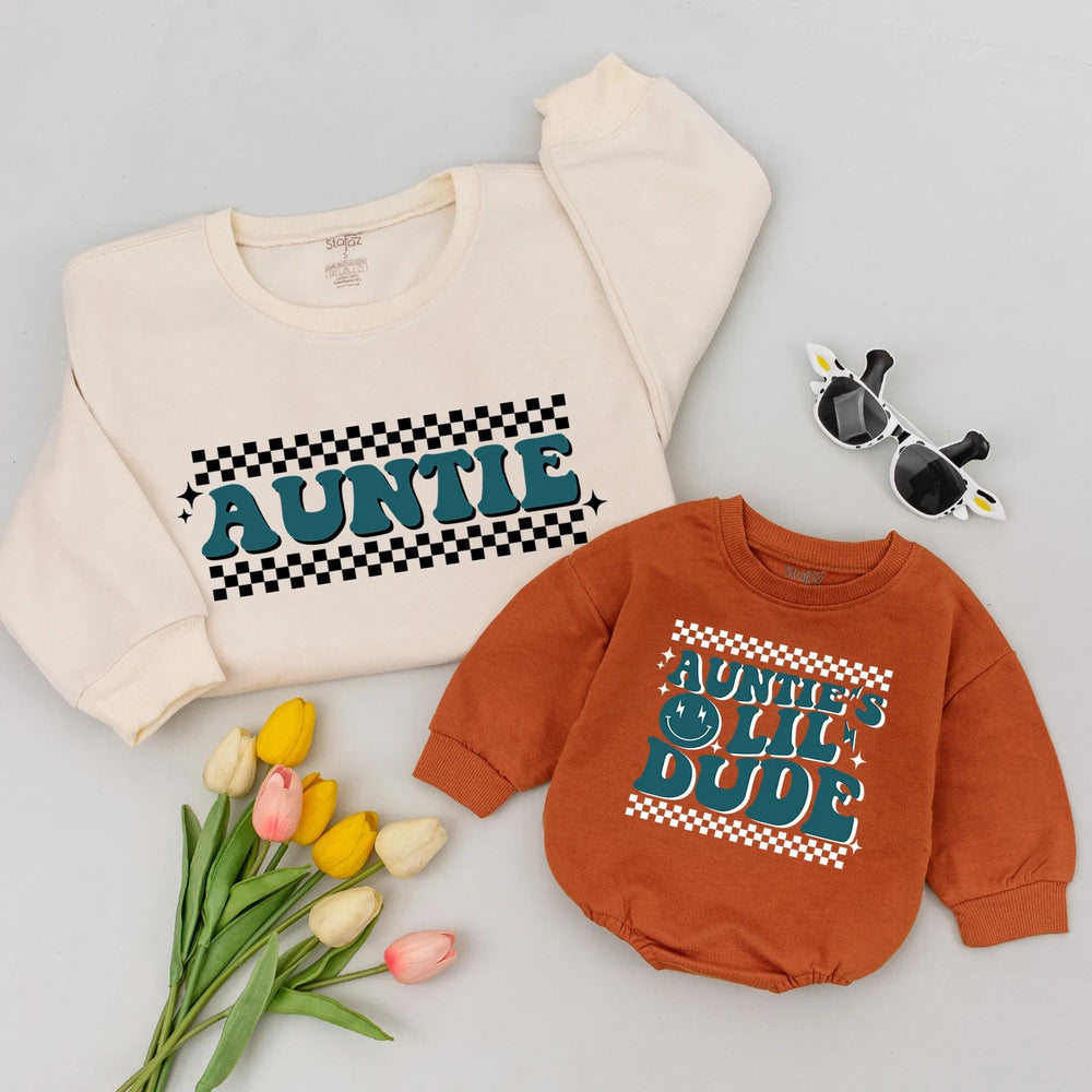 Retro Auntie and Little Dude Baby Sweatshirt with 70s Teal Checkerboard Design, Infant Romper Birthday Gift for Nephew Family Matching Outfit