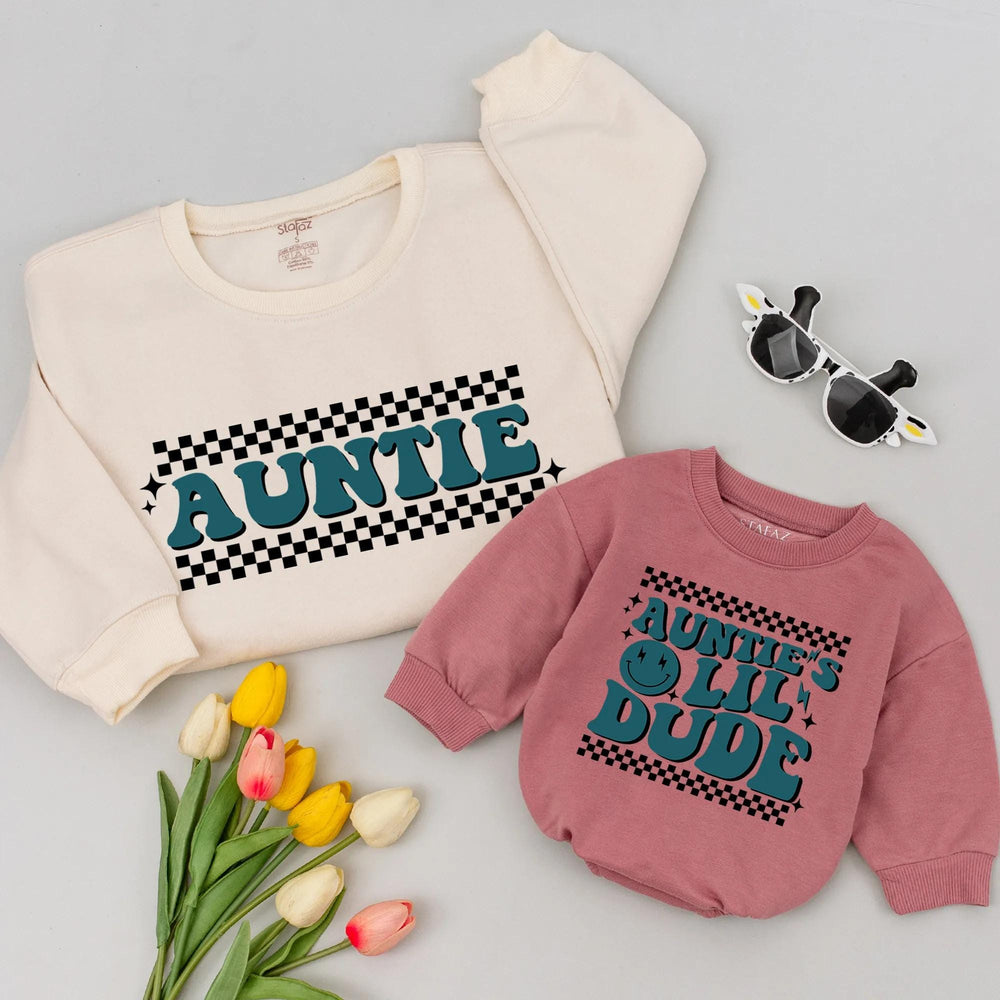 Retro Auntie and Little Dude Baby Sweatshirt with 70s Teal Checkerboard Design, Infant Romper Birthday Gift for Nephew Family Matching Outfit
