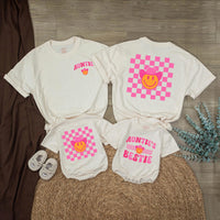 Retro Auntie Shirt with Smiley Face and Pink Cowboy Hat Fun Western Checkerboard Design Matching Bestie Baby Clothes Gift Cotton Outfit