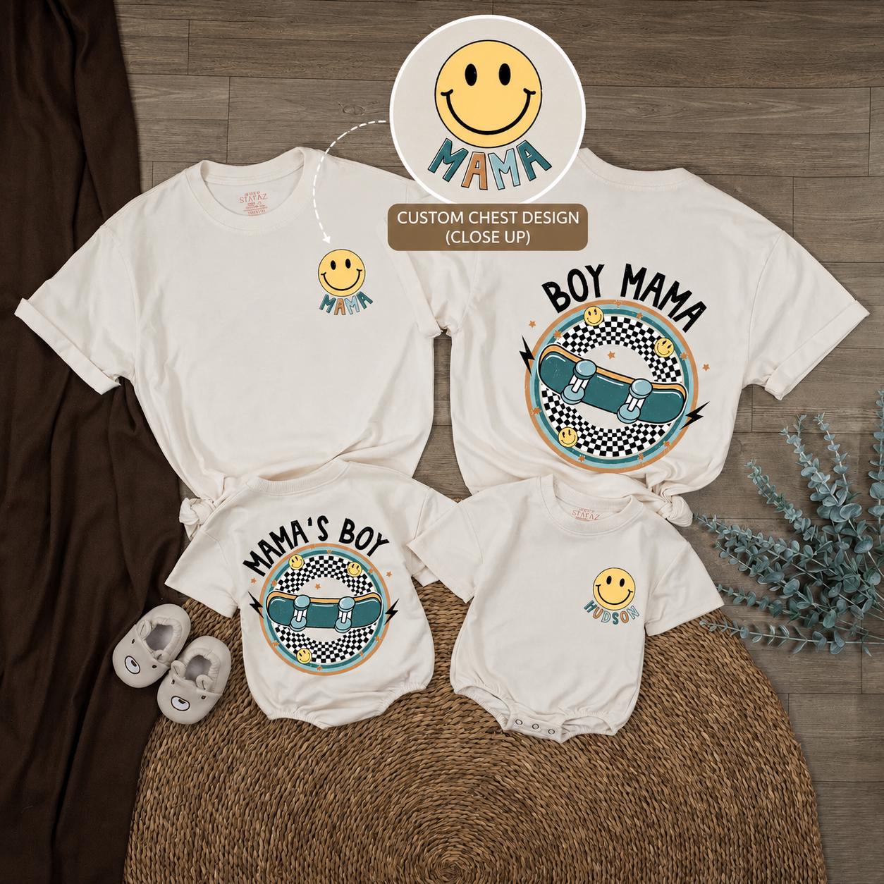 Retro Baby Bubble Romper with Mama's Boy Smiley Face Matching Shirt Personalized Skateboard Checkered Outfit for Mom and Son