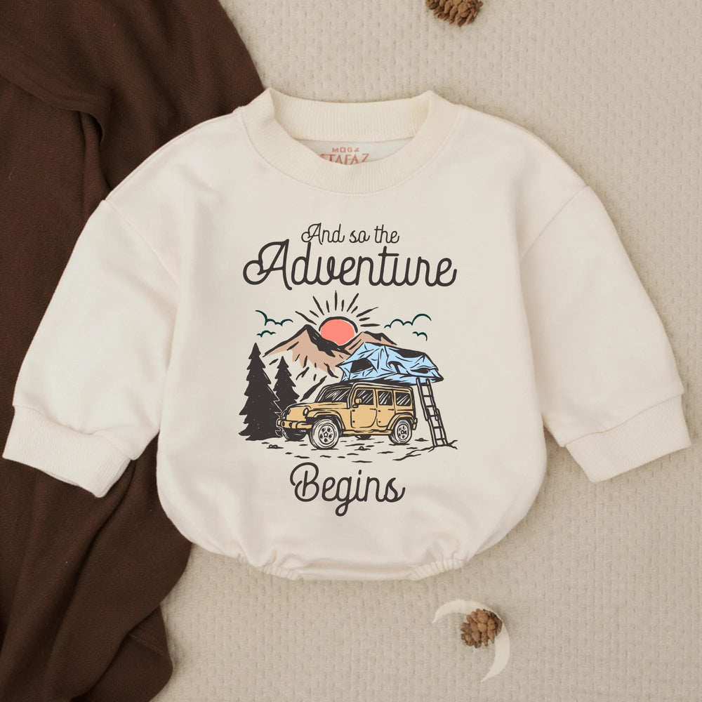 Retro Baby Camping Romper with Off-Road Vehicle and Nature Scene, Newborn Outdoor Adventure Outfit, Cute Infant Gift for Baby Announcement