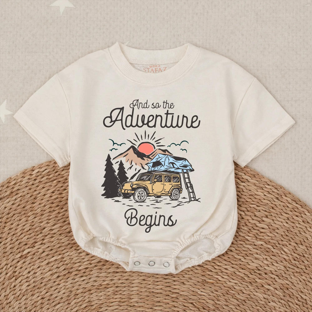Retro Baby Camping Romper with Off-Road Vehicle and Nature Scene, Newborn Outdoor Adventure Outfit, Cute Infant Gift for Baby Announcement