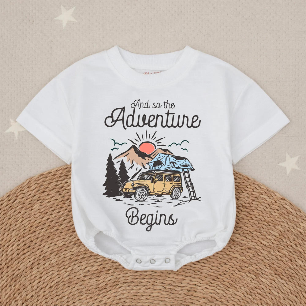 Retro Baby Camping Romper with Off-Road Vehicle and Nature Scene, Newborn Outdoor Adventure Outfit, Cute Infant Gift for Baby Announcement
