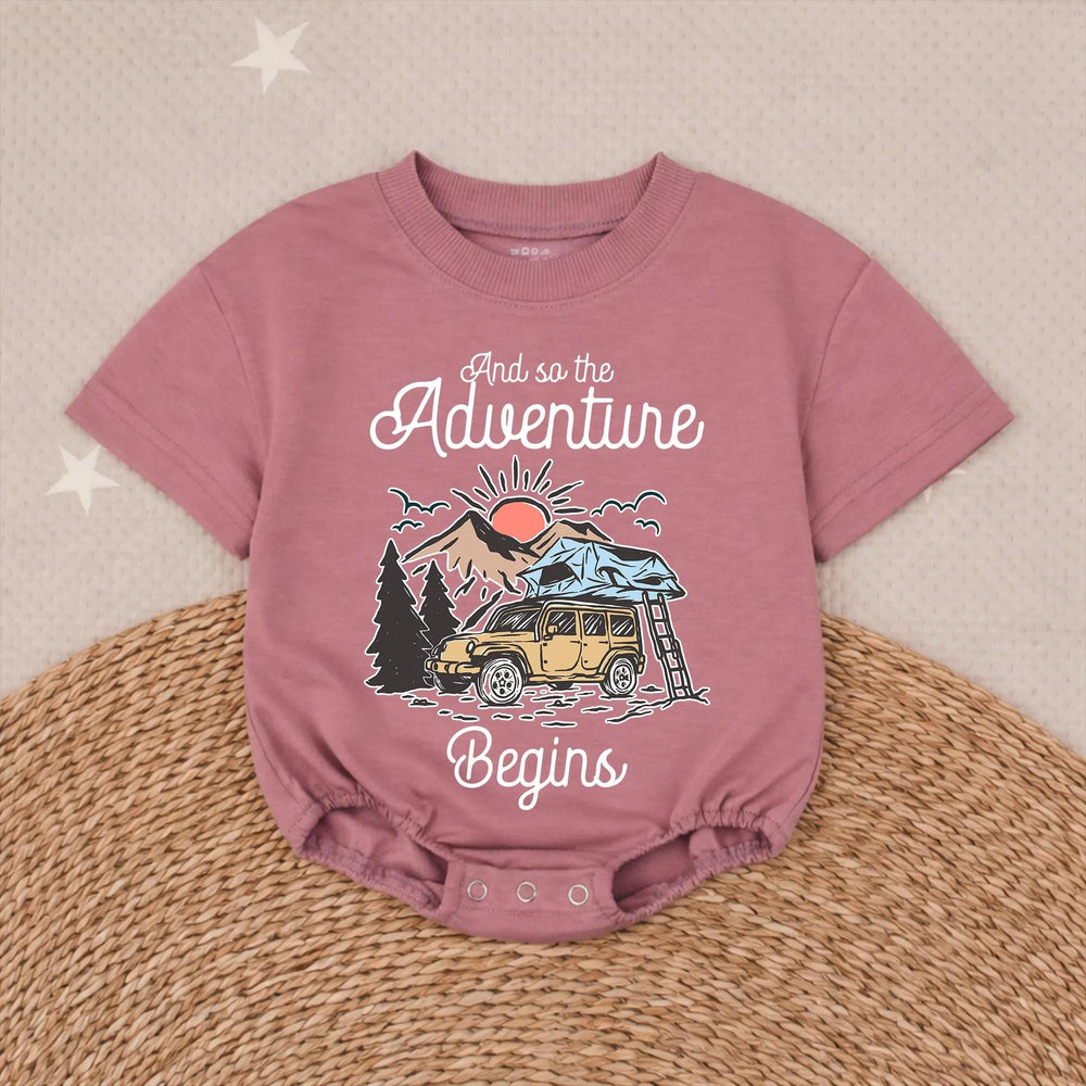 Retro Baby Camping Romper with Off-Road Vehicle and Nature Scene, Newborn Outdoor Adventure Outfit, Cute Infant Gift for Baby Announcement