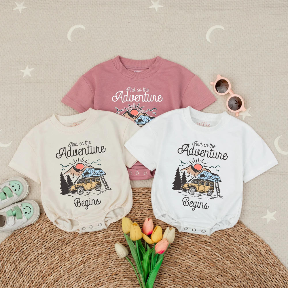 Retro Baby Camping Romper with Off-Road Vehicle and Nature Scene, Newborn Outdoor Adventure Outfit, Cute Infant Gift for Baby Announcement