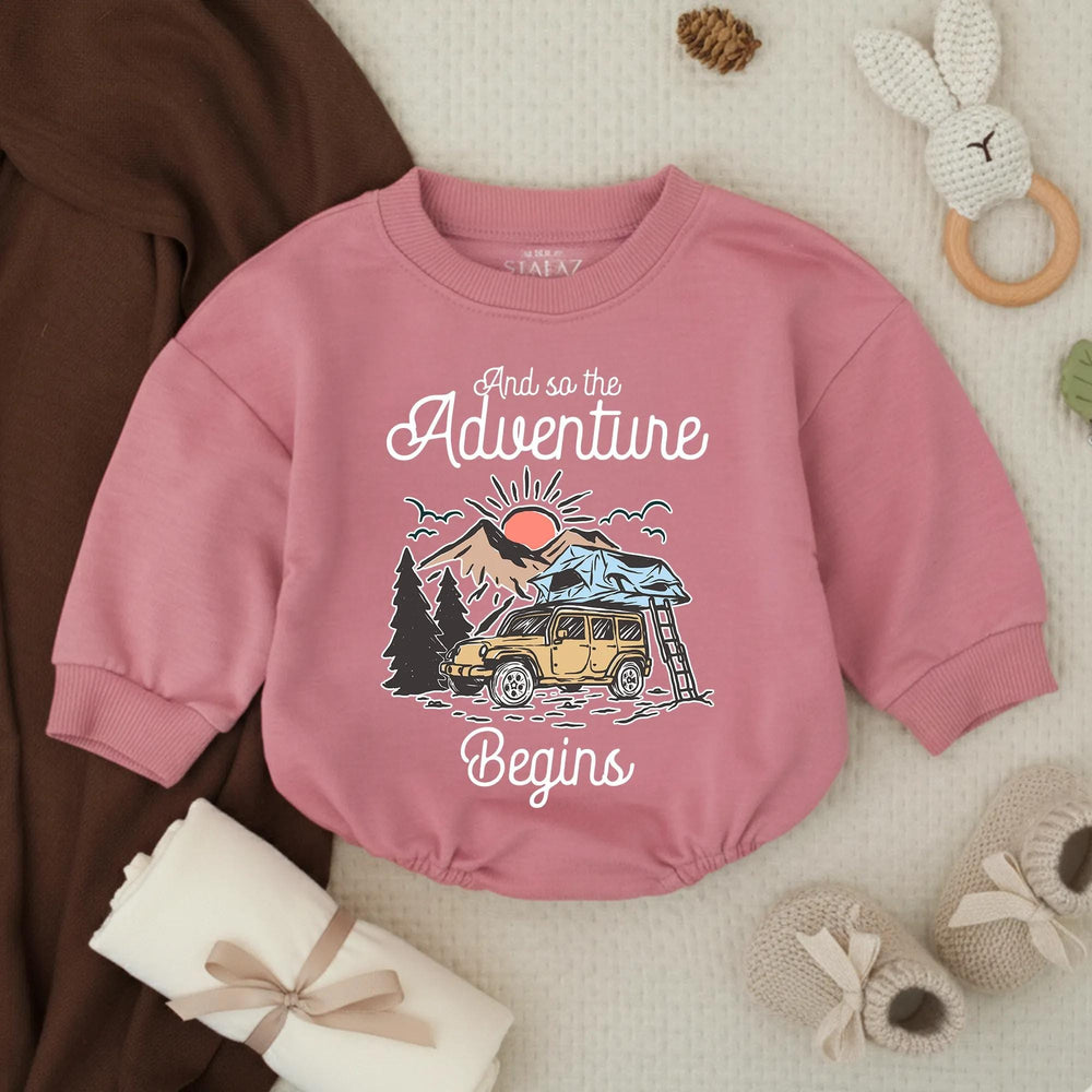 Retro Baby Camping Romper with Off-Road Vehicle and Nature Scene, Newborn Outdoor Adventure Outfit, Cute Infant Gift for Baby Announcement