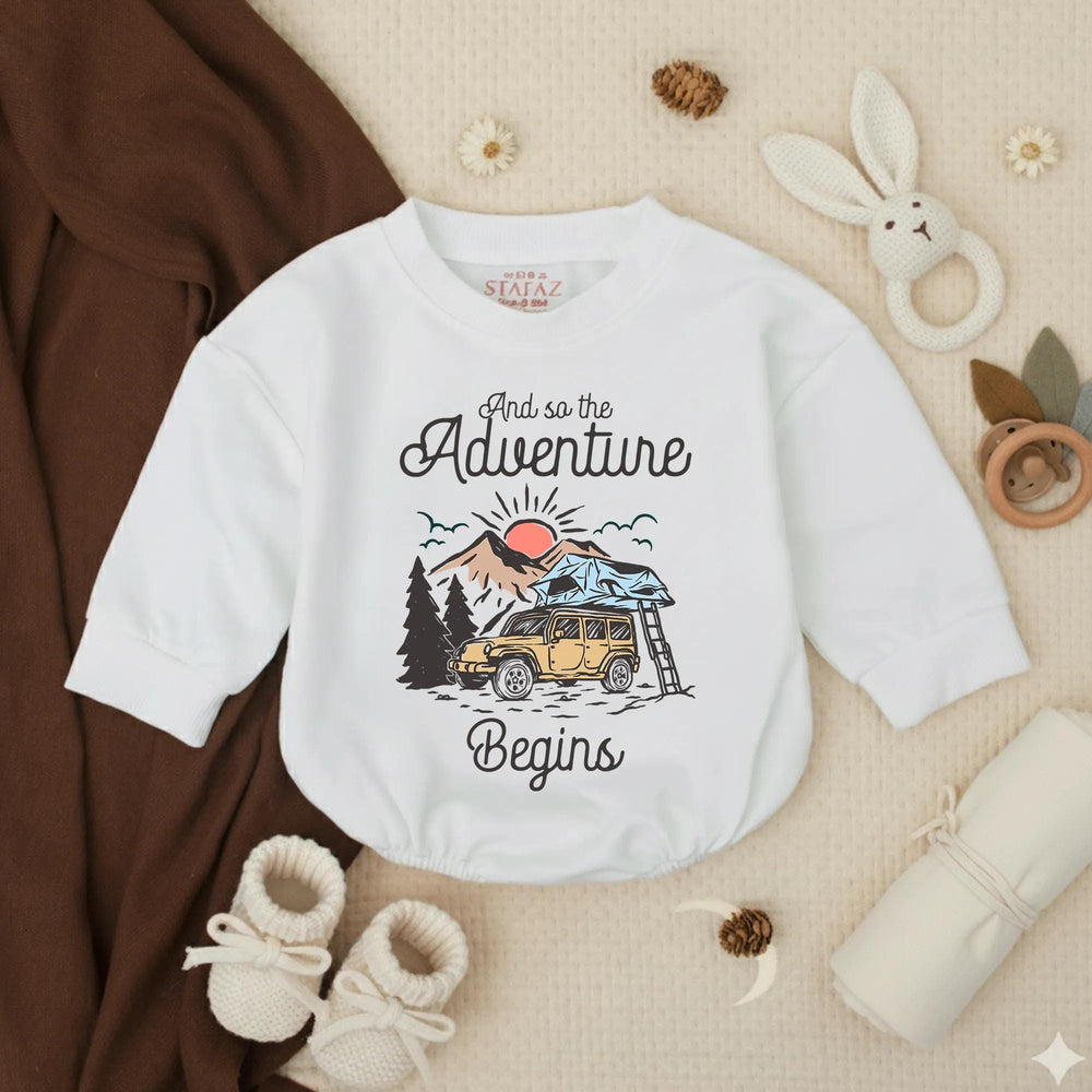 Retro Baby Camping Romper with Off-Road Vehicle and Nature Scene, Newborn Outdoor Adventure Outfit, Cute Infant Gift for Baby Announcement