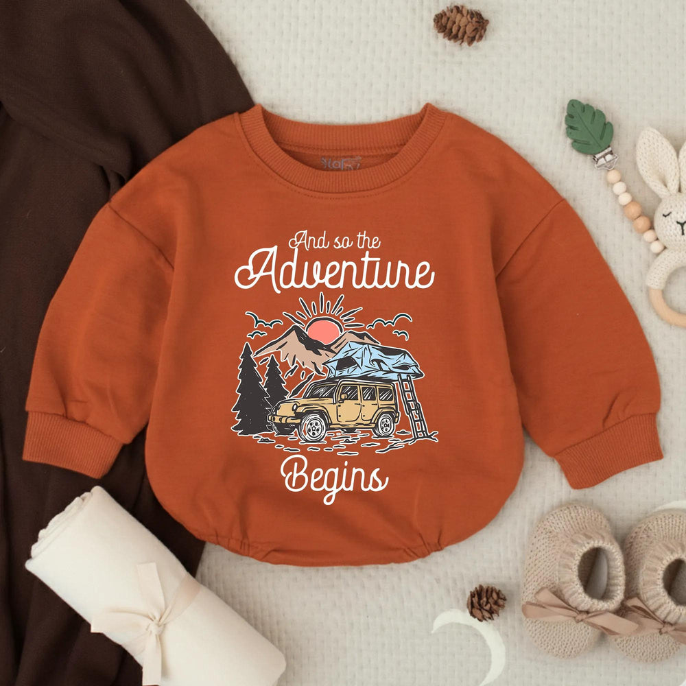 Retro Baby Camping Romper with Off-Road Vehicle and Nature Scene, Newborn Outdoor Adventure Outfit, Cute Infant Gift for Baby Announcement