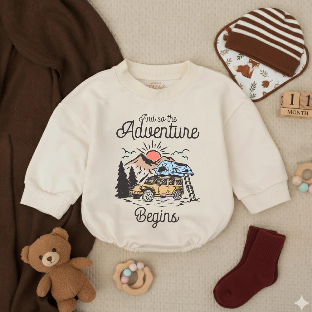 Retro Baby Camping Romper with Off-Road Vehicle and Nature Scene, Newborn Outdoor Adventure Outfit, Cute Infant Gift for Baby Announcement