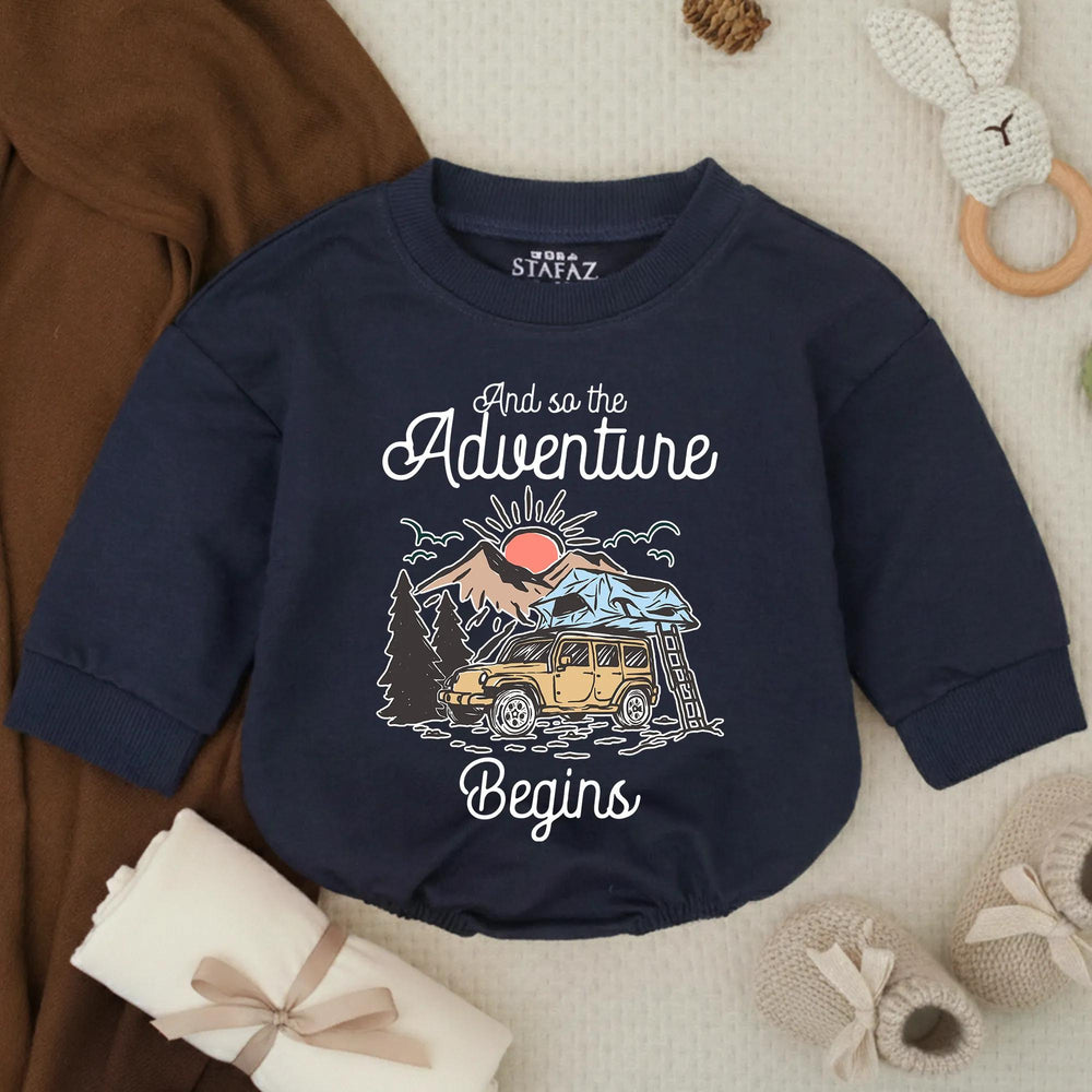 Retro Baby Camping Romper with Off-Road Vehicle and Nature Scene, Newborn Outdoor Adventure Outfit, Cute Infant Gift for Baby Announcement