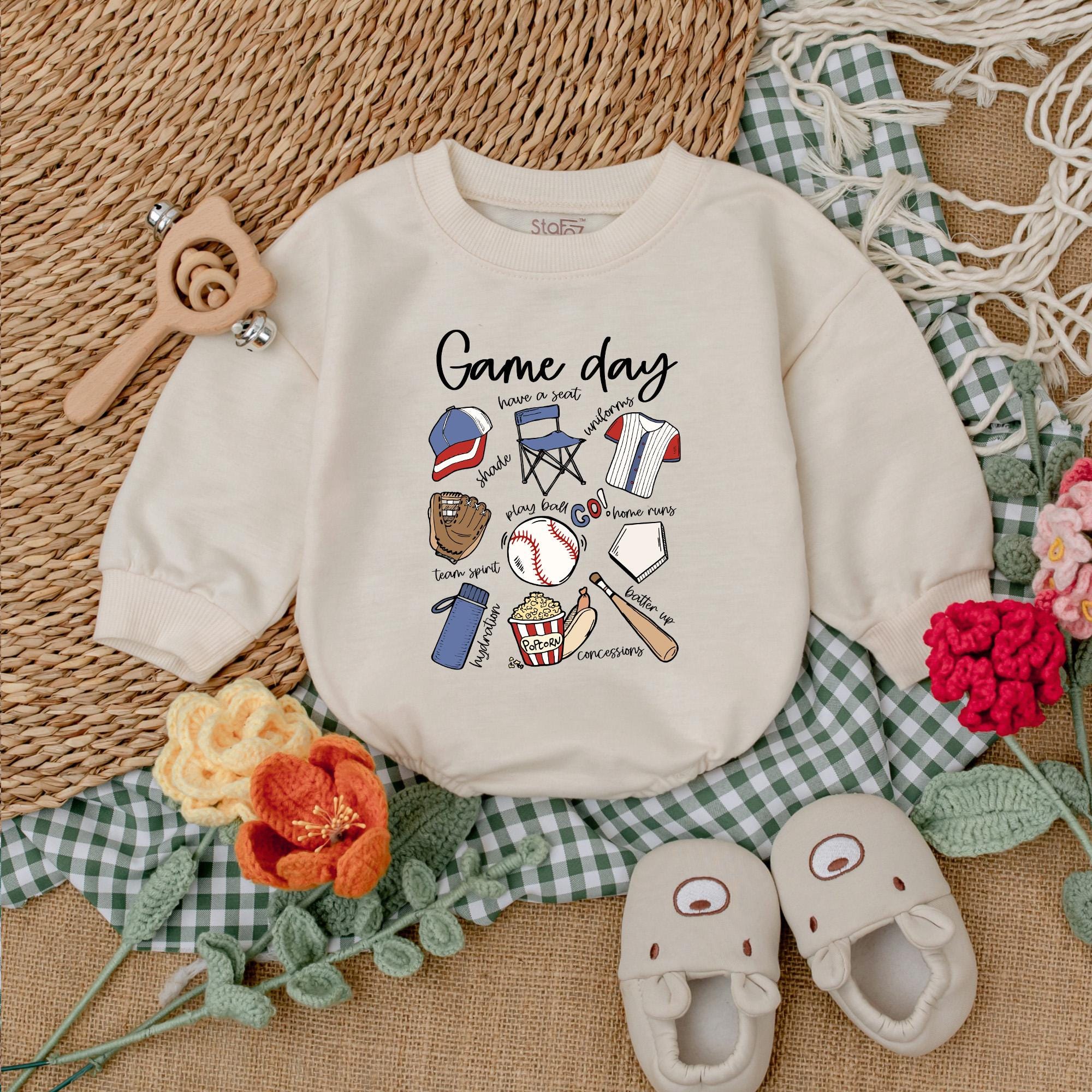 Retro Baseball Game Day Baby Romper with Cap Glove Jersey Hot Dog Design Fun Newborn Bodysuit Baby Shower Gift Soft Cotton Outfit