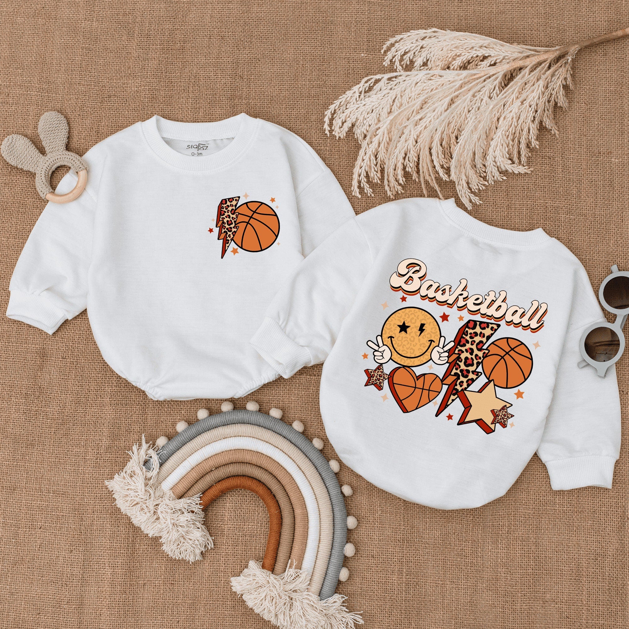 Retro Basketball Baby Romper with Smiling Sun and Leopard Heart Infant Outfit Soft Cotton Game Day Bodysuit for Boys and Girls