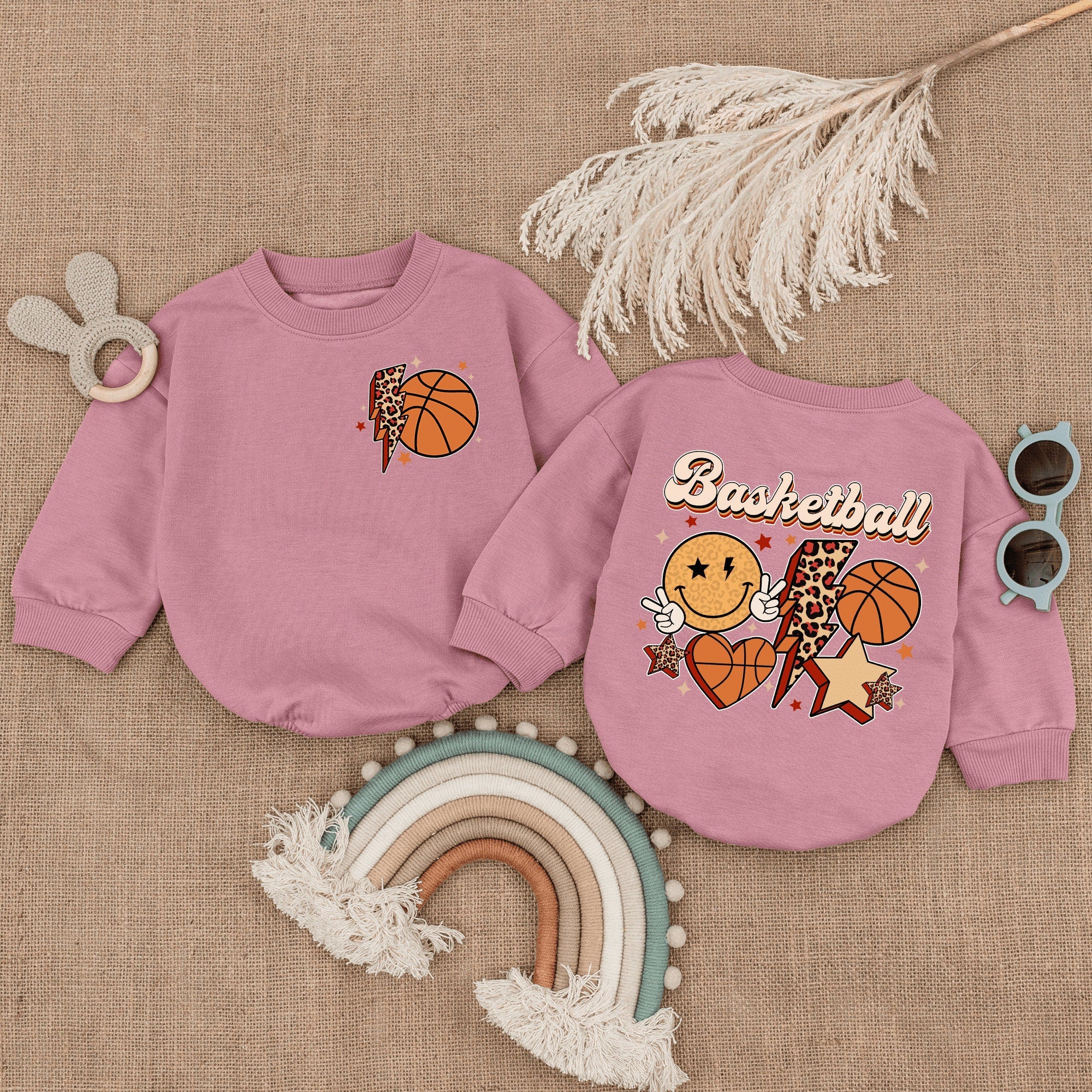 Retro Basketball Baby Romper with Smiling Sun and Leopard Heart Infant Outfit Soft Cotton Game Day Bodysuit for Boys and Girls