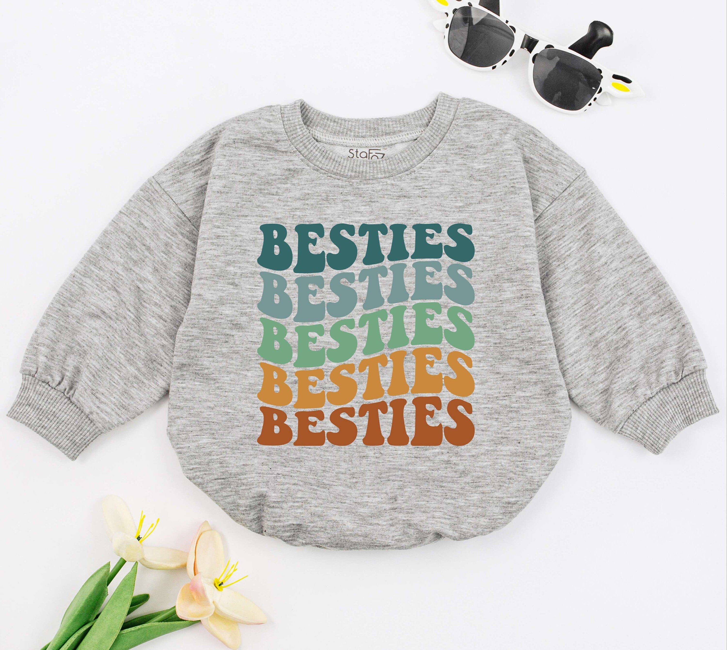 Retro Besties Baby Romper Vintage 70s Style Newborn Girl Outfit Gift Colorful Teal Green Orange Brown Baby Shower Soft Comfy