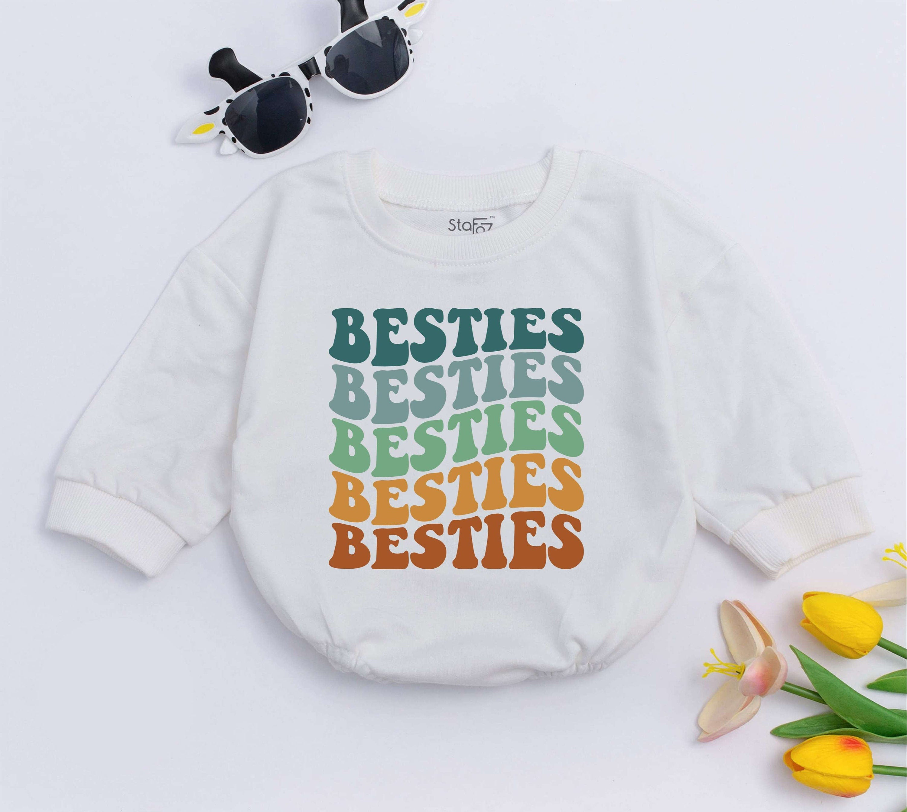 Retro Besties Baby Romper Vintage 70s Style Newborn Girl Outfit Gift Colorful Teal Green Orange Brown Baby Shower Soft Comfy