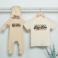 Retro Big Bro and Lil Bro Matching Sibling Outfits Custom Name Teal Orange Checkered Kids Shirt Baby Bodysuit Pregnancy Reveal Gift
