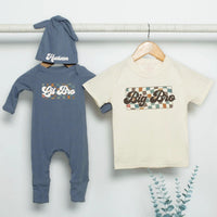 Retro Big Bro and Lil Bro Matching Sibling Outfits Custom Name Teal Orange Checkered Kids Shirt Baby Bodysuit Pregnancy Reveal Gift