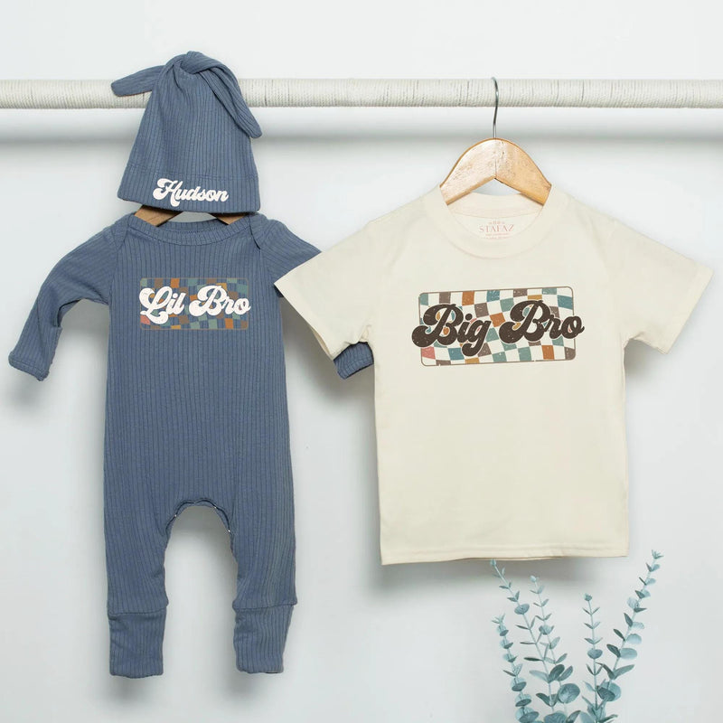 Retro Big Bro and Lil Bro Matching Sibling Outfits Custom Name Teal Orange Checkered Kids Shirt Baby Bodysuit Pregnancy Reveal Gift