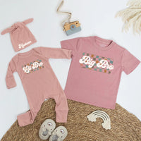Retro Big Bro and Lil Bro Matching Sibling Outfits Custom Name Teal Orange Checkered Kids Shirt Baby Bodysuit Pregnancy Reveal Gift