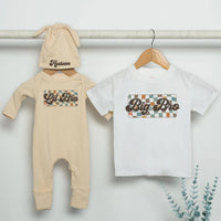 Retro Big Bro and Lil Bro Matching Sibling Outfits Custom Name Teal Orange Checkered Kids Shirt Baby Bodysuit Pregnancy Reveal Gift