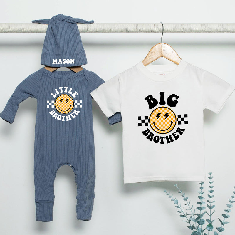 Retro Big Brother Little Brother Matching Outfit with Personalized Name, Smiley Face Shirt and Bodysuit Set for Baby Shower Gift