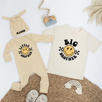 Retro Big Brother Little Brother Matching Outfit with Personalized Name, Smiley Face Shirt and Bodysuit Set for Baby Shower Gift