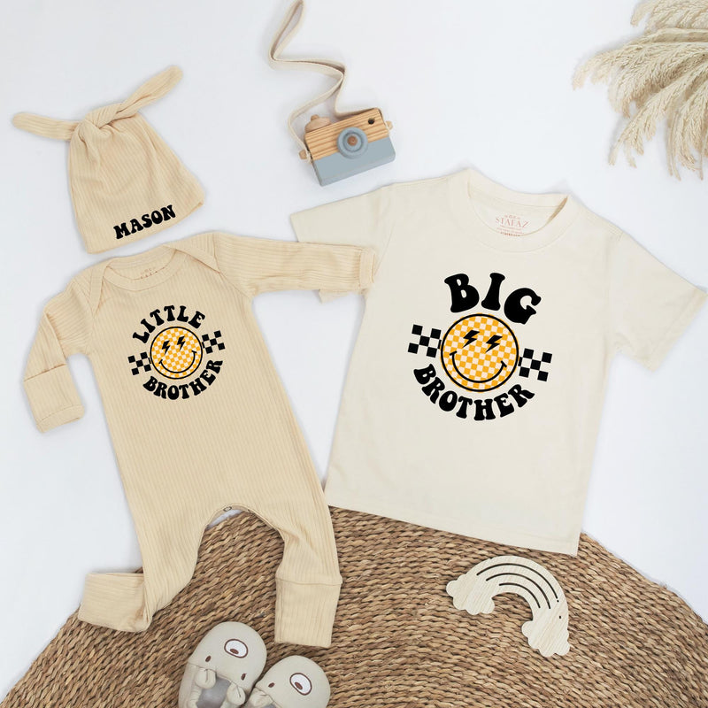 Retro Big Brother Little Brother Matching Outfit with Personalized Name, Smiley Face Shirt and Bodysuit Set for Baby Shower Gift