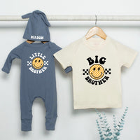 Retro Big Brother Little Brother Matching Outfit with Personalized Name, Smiley Face Shirt and Bodysuit Set for Baby Shower Gift