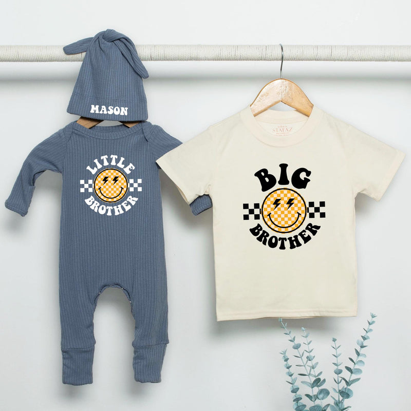 Retro Big Brother Little Brother Matching Outfit with Personalized Name, Smiley Face Shirt and Bodysuit Set for Baby Shower Gift