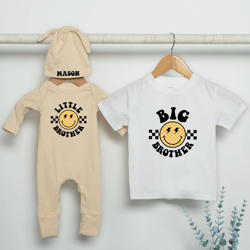 Retro Big Brother Little Brother Matching Outfit with Personalized Name, Smiley Face Shirt and Bodysuit Set for Baby Shower Gift