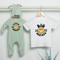 Retro Big Brother Little Brother Matching Outfit with Personalized Name, Smiley Face Shirt and Bodysuit Set for Baby Shower Gift
