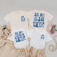 Retro Big Brother and Little Brother Matching Outfit Personalized Name Shirt and Romper 70s Smiley Face Baby Toddler Gift Trendy Design